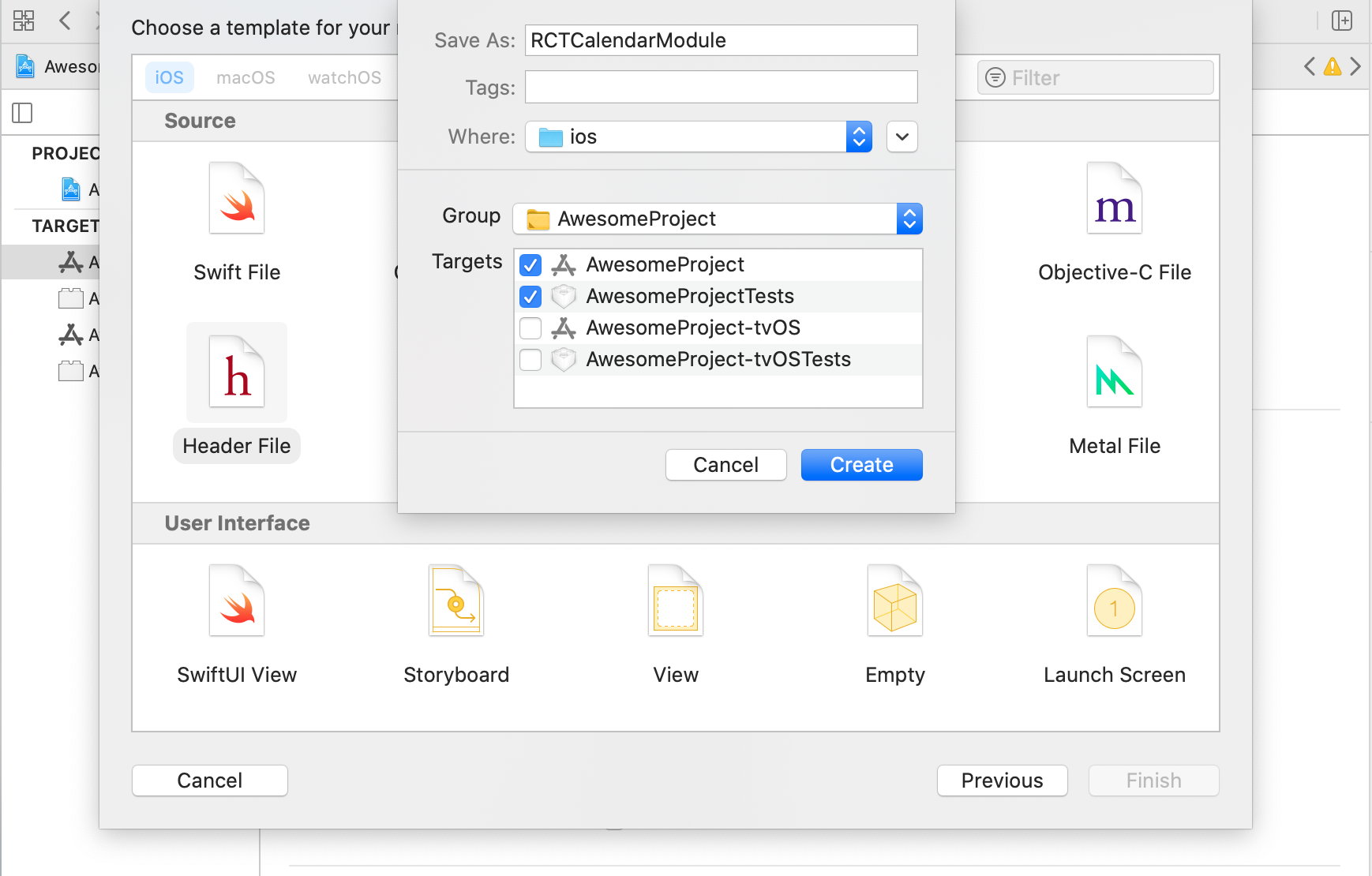 Image of creating a class called  RCTCalendarModule.h.